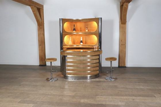 Image 1 of Suede and Chrome Dry Bar with Barstools in Cognac by Willy Rizzo, Italy 1970s