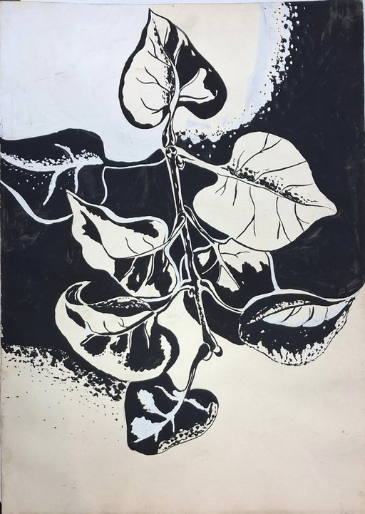 "Monochrome Ink Botanical Drawing – Bold Black & White Leaf Art – Original 50x35 cm Illustration"