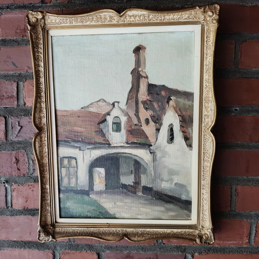 Joseph Van Hoyvelt – Vintage Belgian Oil Painting of Flemish Courtyard – Framed Mid Century Artwork