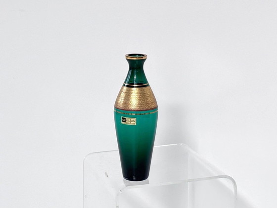 Elegant Vintage Glass Vase by Glashütte Barthmann, Regenhütte, Gold Brocade, Barth-Gold-Mann, Green (photo 3 of 9)