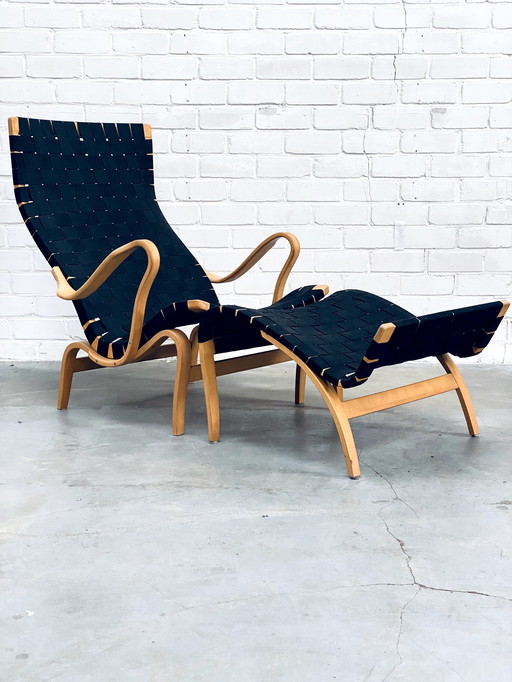 Bruno Mathsson | Set Of Vintage Lounge Chair With Ottoman | Pernilla Series | Black Canvas