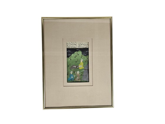 Image 1 of Watercolor - Manuscript - Antiek - Indo - Perzisch - Handgeschept Papier - Miniaturen (3) - Handgeschreven Teksten - 19e Eeuw