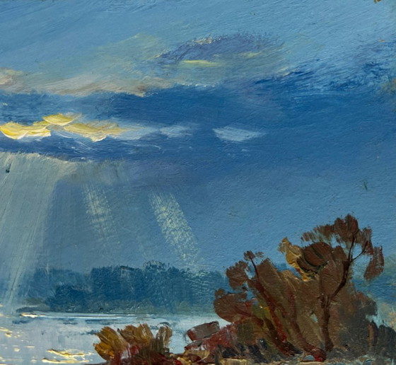 Image 1 of Original Oil Painting Summer River Landscape Rays of sun through the clouds