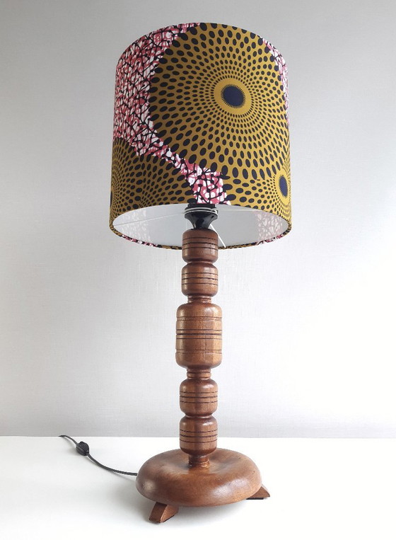 Image 1 of Unique vintage wooden lamp base with handmade lampshade made of African wax fabric