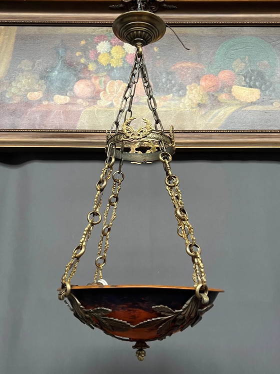 Prächtiger Art-Deco-Kronleuchter mit der Signatur „Noverdy France“. – Pendelleuchten, Bronze, Glass (photo 10 of 10)