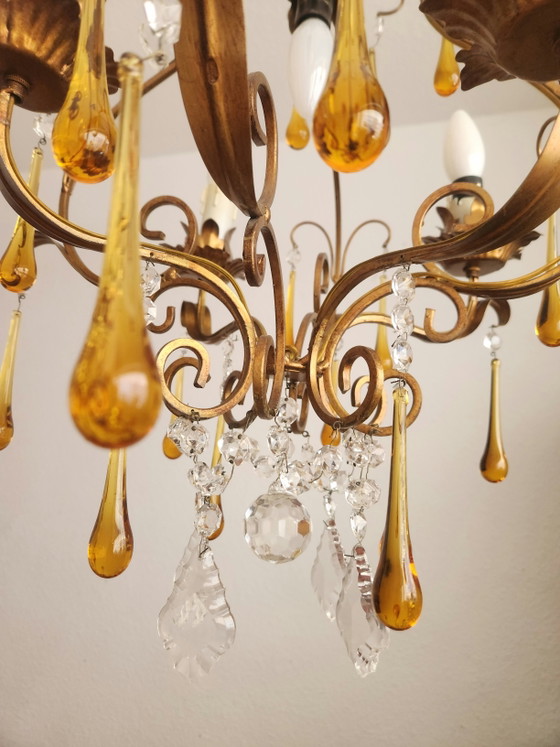 Lámpara de araña de cristal de Murano con diseño de gotas y cristales, estilo veneciano, dorada con pan de (photo 11 of 13)