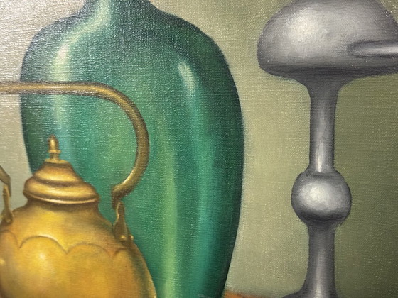 Image 1 of Magical Realist Kettle and Jug Still Life by Ferdinand Vercnocke, Oil on Canvas, Belgium, Mid-20th Century