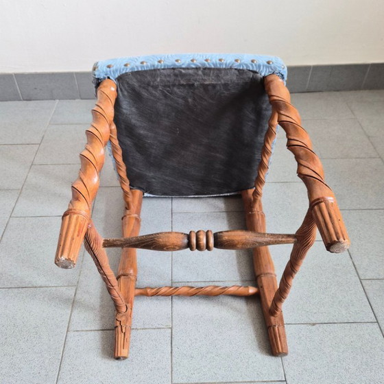 Image 1 of Handcrafted vintage chair from the 1950s in carved wood and velvet, 1950s folk art