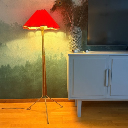 Scandinavian Mid-Century Floor Lamp in Teak and Brass with Original Shade
