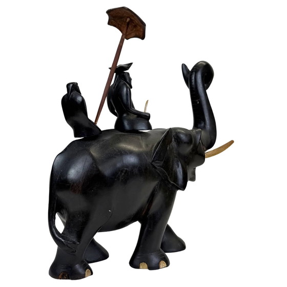 Koloniale Ebbenhouten Olifant Beeldhouwkunst met Mahout – Handgesneden Aziatische Beeldhouwkunst – 32 cm (photo 5 of 10)