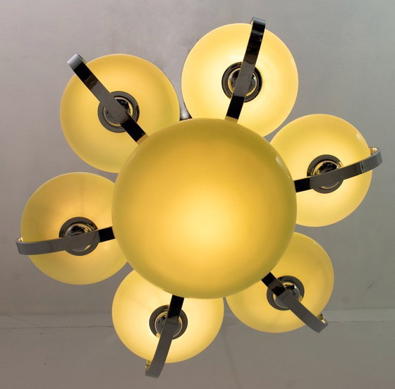 Image 1 of Art Deco Italiaanse kroonluchter in chroom en "Incamiciato" glas, jaren 1930