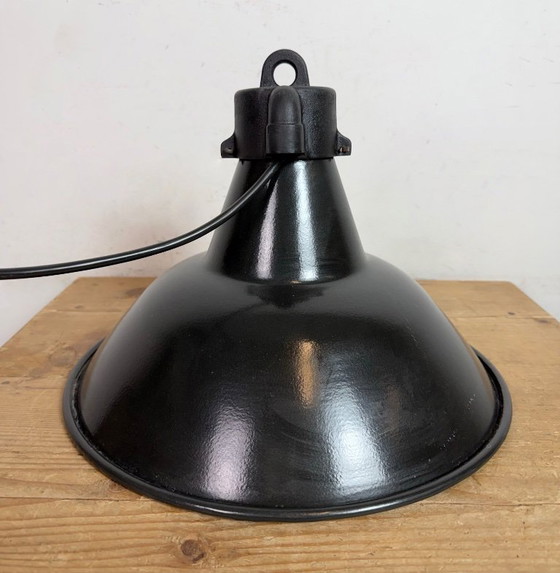 Image 1 of Set of 4 Industrial Black Enamel Factory Lamps with Cast Iron Top, 1950s