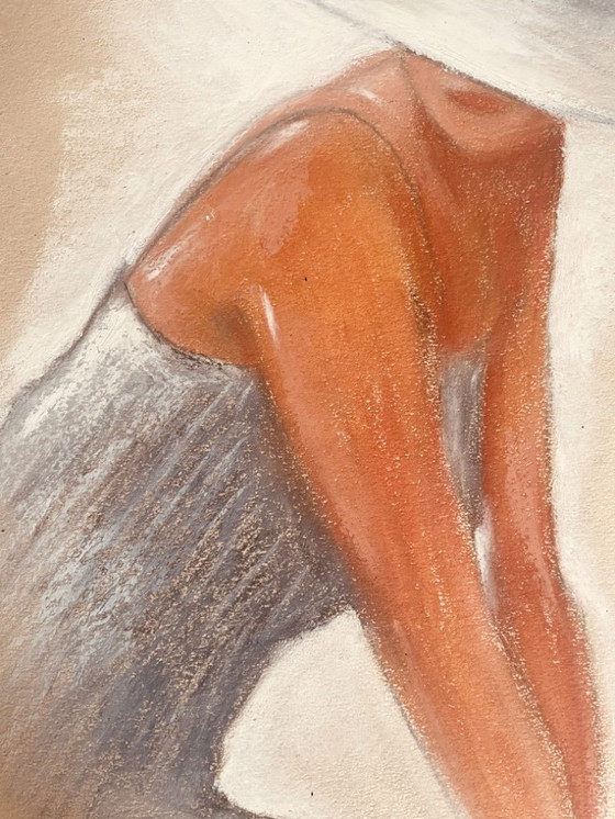 Image 1 of Pastel painting, portrait of a woman in a white hat, "full sunlight"