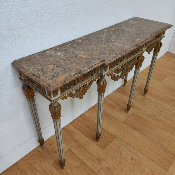 Konsolentisch, Beistelltisch mit Marmorplatte und vergoldetem Holz mit Spiegel, Braun, Klassiek (Foto 9 von 15)