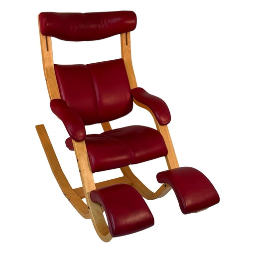 Peter Opsvik - Stokke - Gravity Balance (Design from 1991) Ergonomically Shaped Rocking Chair - Red Leather and Natural Frame