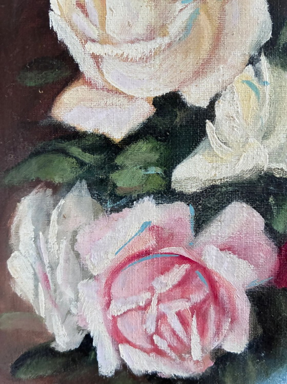 Image 1 of Peinture à l'huile originale vintage représentant des roses, signée.