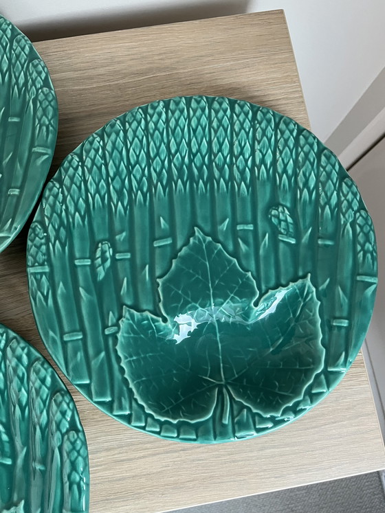 Image 1 of Splendido set di 4 piatti francesi Barbotine per asparagi – Maiolica turchese