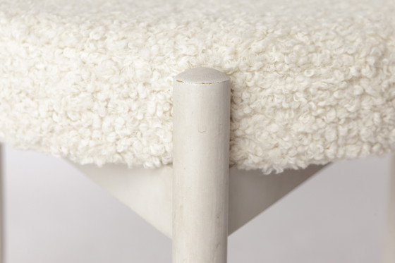 Image 1 of Pouf / Tabouret Vintage 1970 - Bois de hêtre blanc et tapisserie de laine - Ottoman Mid Century
