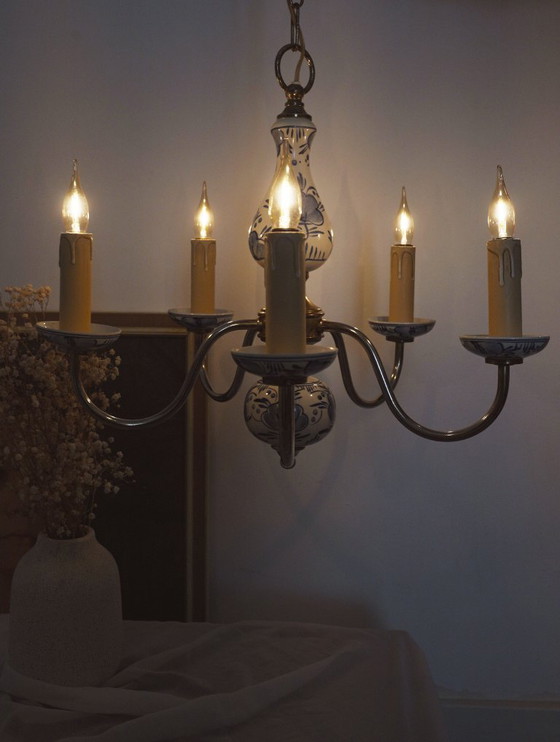 Image 1 of Antique Delft Blue Porcelain Chandelier Dutch Ceramic Ceiling Light Blue White Farmhouse Cottagecore Lighting