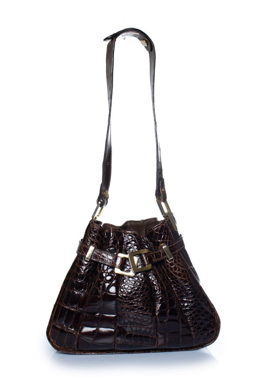 Lancel, braune Schultertasche aus glasiertem Krokodilleder – bucket tassen, Exotic