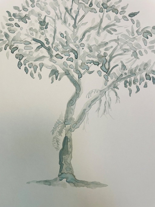 Signed watercolor, monochrome sage green landscape, "solitary tree"