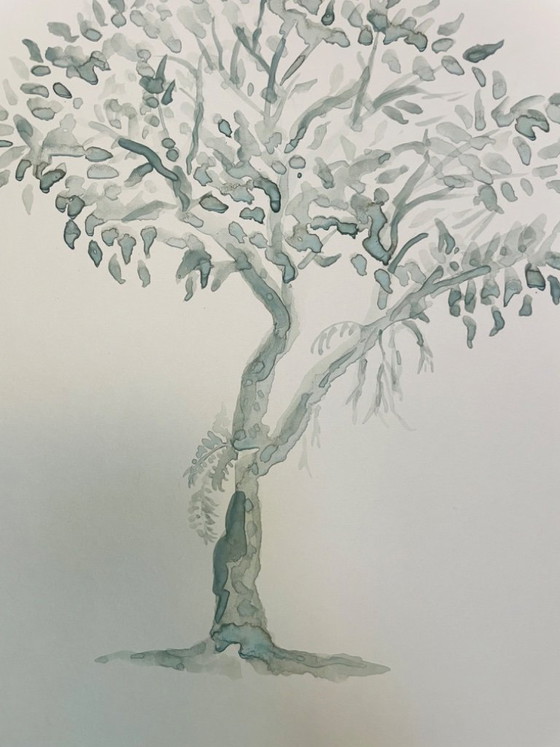 Image 1 of Signed watercolor, monochrome sage green landscape, "solitary tree"