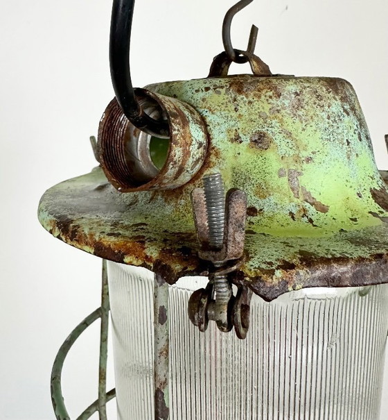 Image 1 of Green Industrial Soviet Bunker Pendant Light with Iron Grid, 1960s