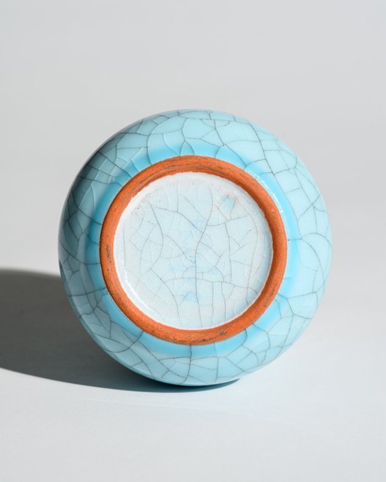 Image 1 of German Art Deco Crackle Glaze Ceramic Vase Duo Fürst Adolf Werkstätten Bückeburg