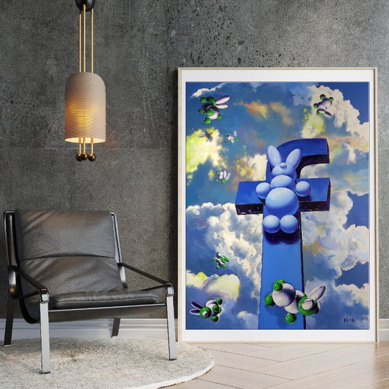 Peinture à l'Huile Originale Symbolisme Pop Art Informateur, Peintures et dessins, Toile, Bleu (photo 2 sur 7)