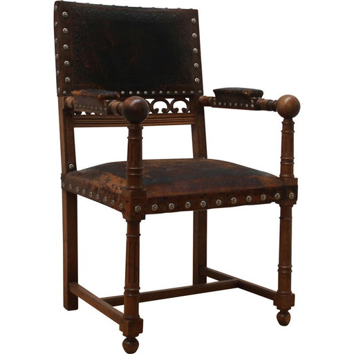 Pareja de sillones vintage en madera de nogal y piel.