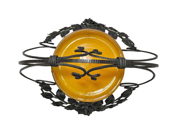 Image 1 of Panier floral Art Déco français - Centre de table : coupe à fruits en verre et fer forgé Delatte Nancy