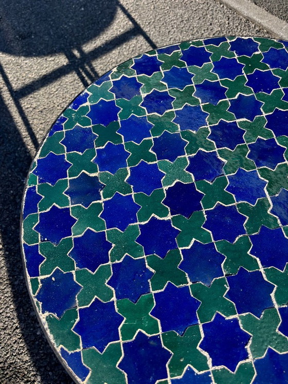 Moroccan Zellige Coffee Table, Blue Green Mosaic Table, Handmade Round Tile Side Table, Moorish Star Decor, (photo 3 of 6)