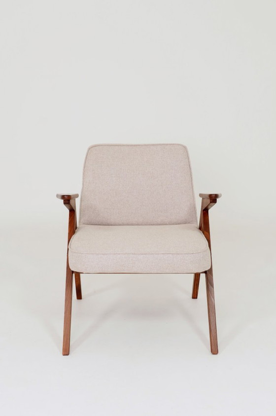 Image 1 of Scandinavische Beige Fauteuil Vlecht Stoffering Walnoot Kleur Houten Lounge Stoel Vintage Stijl
