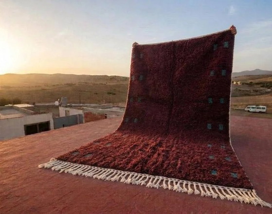 Moroccan Berber rug burgundy 300x200 cm – blue-green geometric patterns – Rugs & carpets, Wool, Cotton (photo 5 of 6)