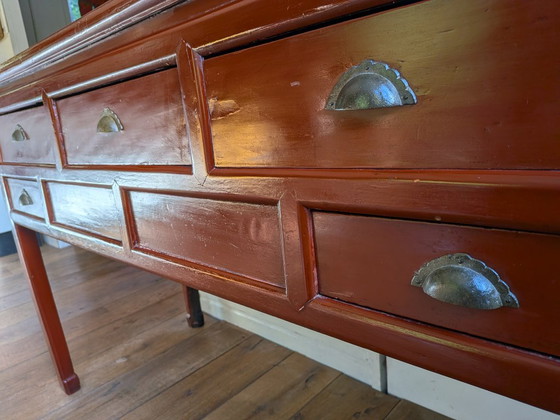 Console asiatique avec tiroirs, bois brun rougeâtre, Métal, Aziatisch (photo 5 sur 9)