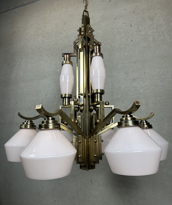 Image 1 of Art Deco chandelier - opaline and brass