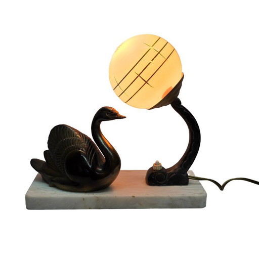 Französische Art-Deco-Lampe mit Schwanenmotiv auf Marmorsockel