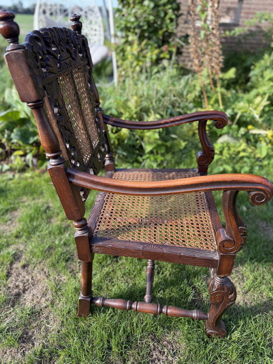 Antique English Carolean Armchair C.1900 – Carved Oak – Cherubs – Cane – Rattan, Wood (photo 3 of 9)