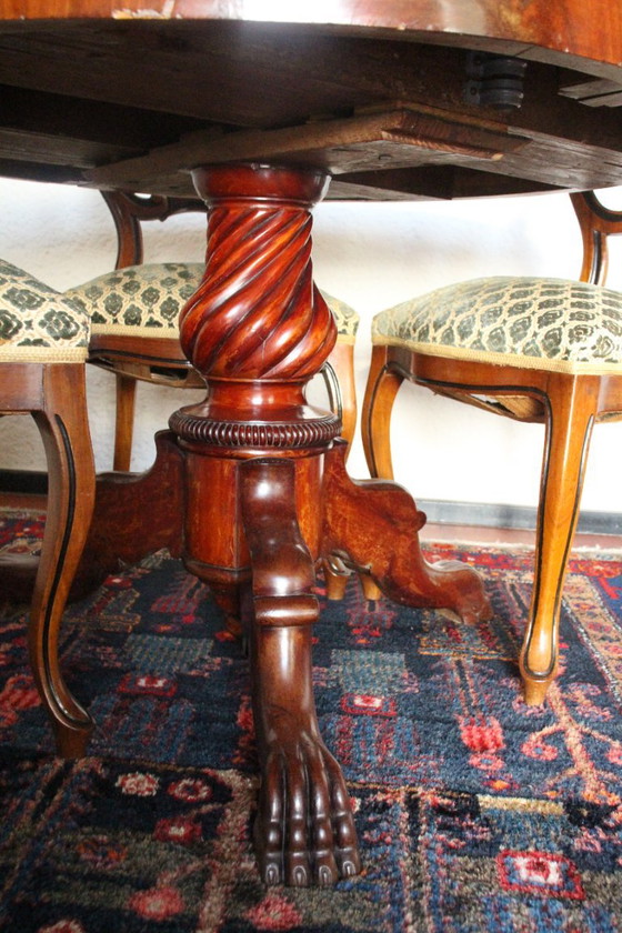 Tavolo da pranzo Biedermeier con quattro sedie, Legno di mogano, Onbekend, Set da pranzo, Tessile, Marrone (foto 3 di 6)