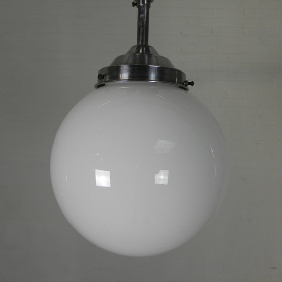 Art Deco pendant lamp with opaline glass globe, 1930s, Metal, White, Bauhaus (photo 4 of 11)