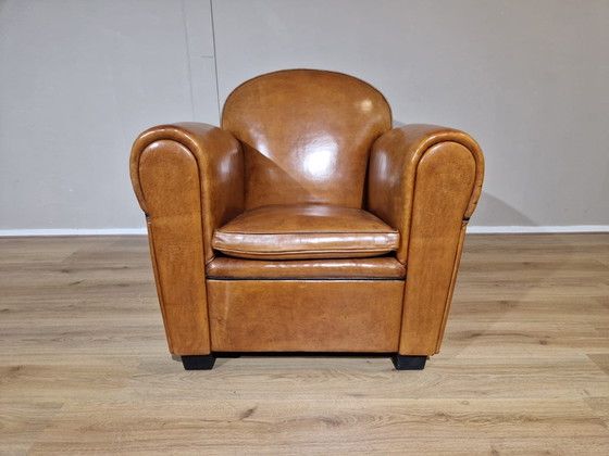 Image 1 of Vintage Sheepskin Leather Club Armchair - Brown - Cognac