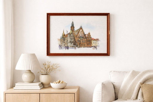 Original Signed Watercolor | Wrocław (Breslau) Town Hall, Poland | M. Ody, 2000