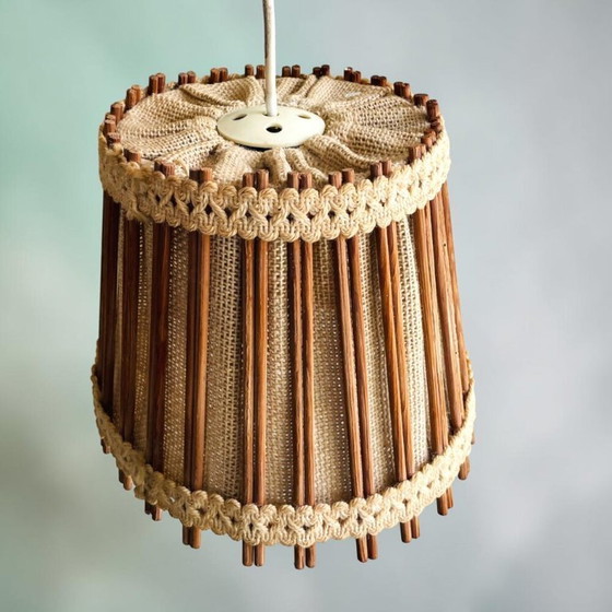Image 1 of Skandinavische Hängelampe aus Holz und Jute im rustikalen Stil der Mitte des 20. Jahrhunderts, 1960er Jahre