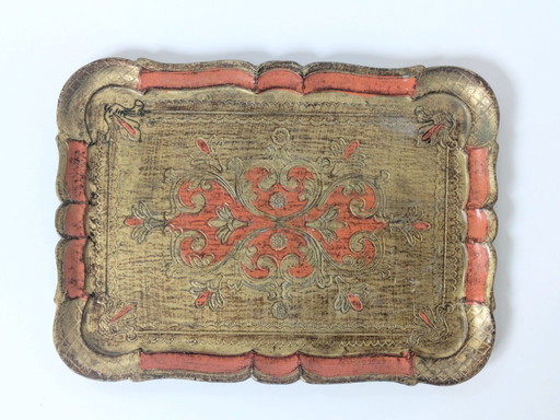 Vintage Florentine Gilt Wood Tray | Hand-Painted Orange & Gold | Midcentury Italian Baroque Decor