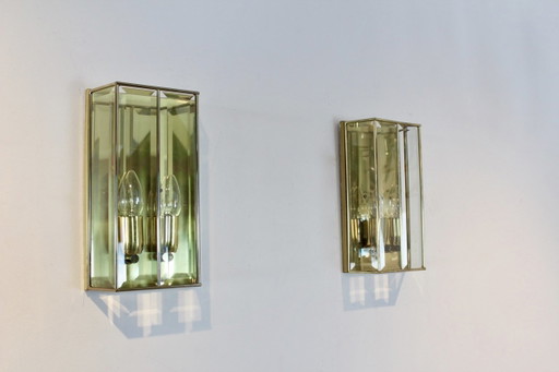 Paar Franse messing & facetglas wandlampen