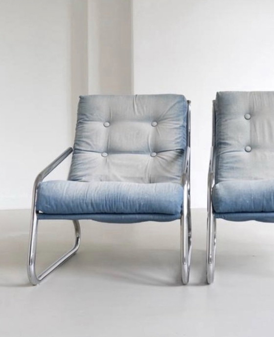 Image 1 of Chaises design vintage chromées retapissées de tissu denim