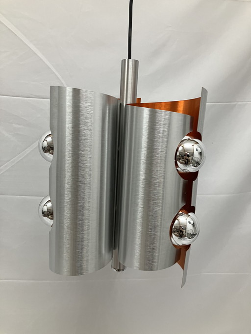 Vintage space age hanglamp, Polam, geborsteld aluminium