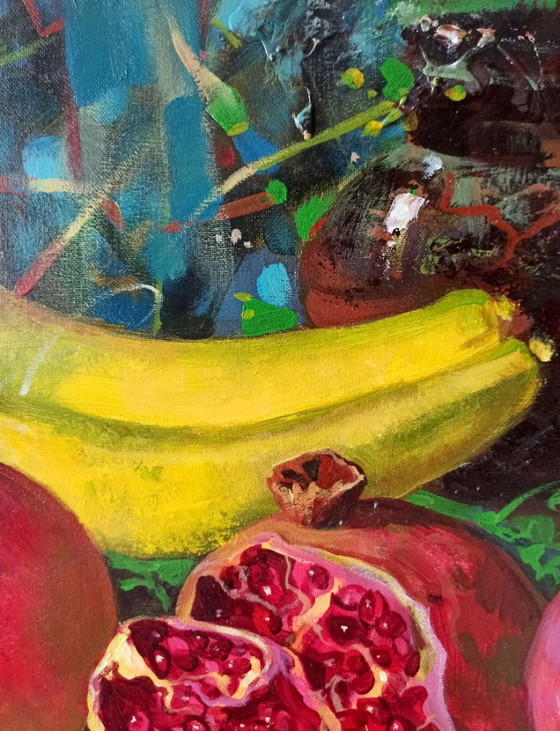 Original Oil Painting Abstract Fruits Banana Pomegranate Still Life – Paintings & Drawings, Canvas (photo 5 of 11)