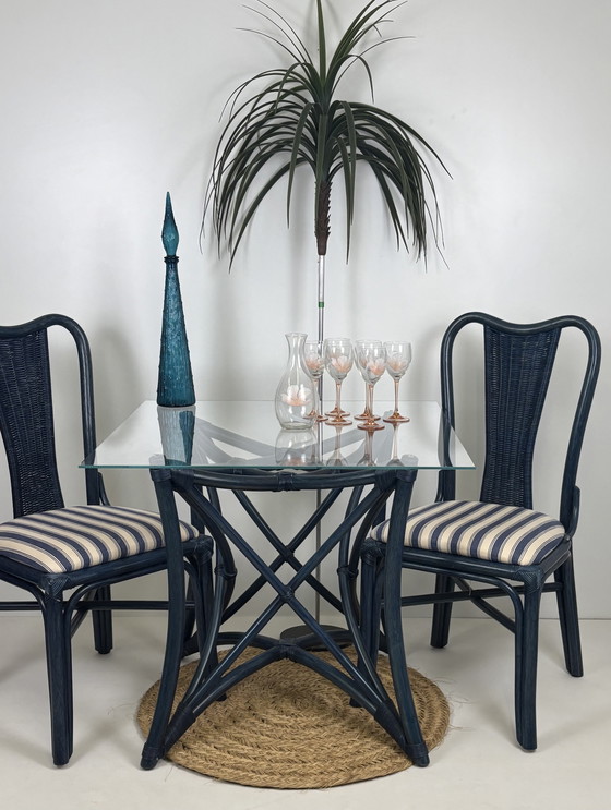 Image 1 of Vintage set eighties manou bamboo chairs dining table top glass