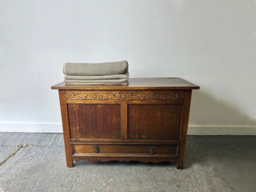 Coffre à Couvertures en Chêne du Début du XXe Siècle avec Tiroir, Style Jacobéen Sculpté